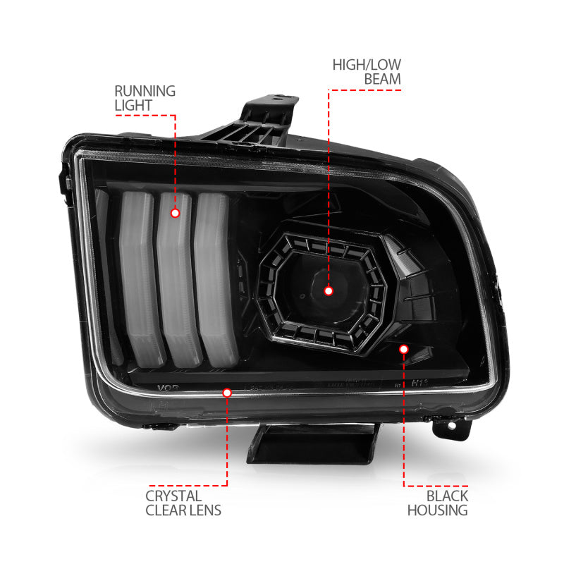 ANZO 05-09 Ford Mustang (w/Factory Halogen HL Only) Projector Headlights w/Light Bar Black Housing 121566