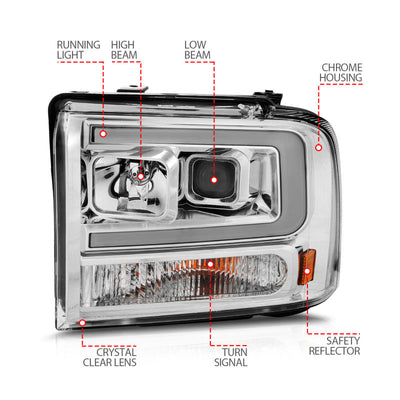 ANZO 99-04 Ford F250/F350/F450/Excursion (excl 99) Projector Headlights - w/Light Bar Chrome Housing 111552