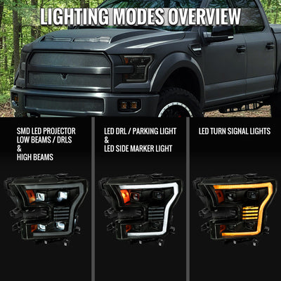 Spec-D 15-17 Ford F-150 Led Projector HID Headlight Black/Smoked Lens