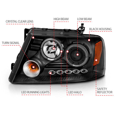 Anzo 2004-2008 Ford F-150 Projector Headlights w/ Halo and LED Black G2