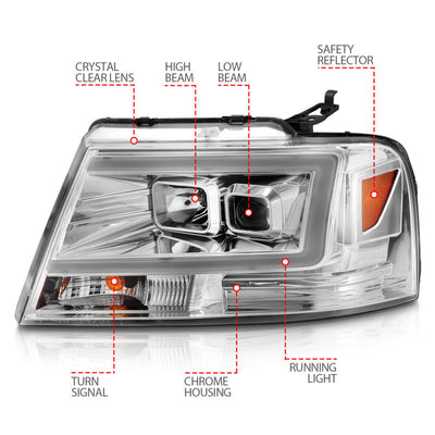 ANZO 2004-2008 Ford  F-150 Projector Headlights w/ Light Bar Chrome Housing 111542