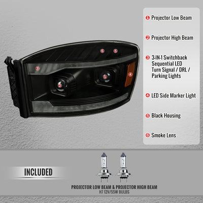 Spec-D 06-08 Dodge Ram 1500 2500 3500 Projector Headlight Black/Smoked