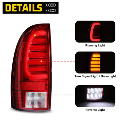 Winjet 2005-2015 Toyota Tacoma LED Tail Light with Yellow Turn Signal Light - Chrome / Red