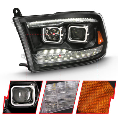 ANZO 2009-2018 Dodge Ram 1500 Projector H.L. Switchback Black Amber 111441