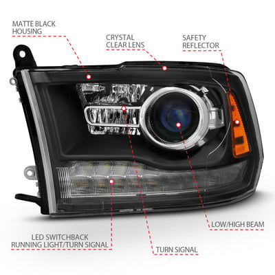 ANZO 2009-2018 Dodge Ram 1500 Projector Headlights Plank Style Halo w/Switchback Matte Black 111489