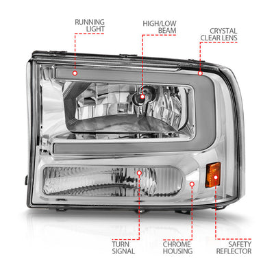 ANZO 99-04 Ford F250/F350/F450/Excursion (excl. 99) Crystal Headlights - w/ Light Bar Chrome Housing 111550