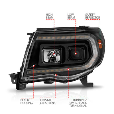 ANZO 05-11 Toyota Tacoma Projector Headlights w/Light Bar Switchback Black Housing 111564