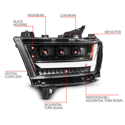 ANZO 19-24 RAM 1500 (New Body/OE Halogen) Full LED Proj Headlights DRL/SeqSig Black - Driver Side 111628A-L