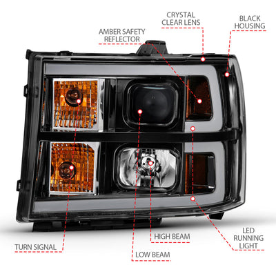 ANZO 2007-2013 Gmc Sierra 1500 Projector Headlight Plank Style Black w/ Clear Lens Amber 111482