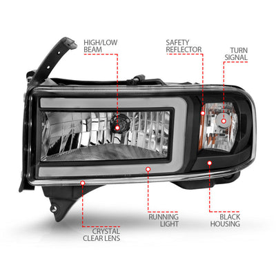 ANZO 94-02 Dodge RAM Crystal Headlight - w/ Light Bar Black Housing 111554