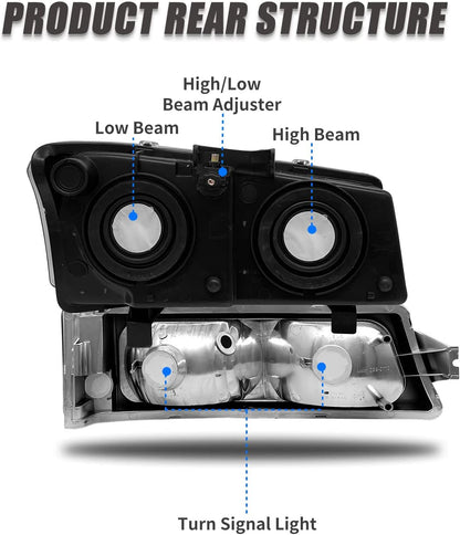 Adcarlights 20032006 Silverado Headlight Assembly For Chevy Avalanche 150025003500 Clear Chrome Lens With Amber Reflector Replacement Left And Right