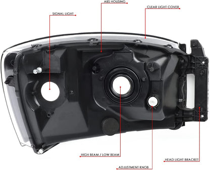 Auto Dynasty Factory Style Headlights Compatible With 0609 Dodge Ram 1500 2500 3500 Driver And Passenger Side Clear Lens Chrome Housing