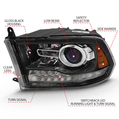 ANZO 2009-2018 Dodge Ram 1500 Projector Plank Style Switchback H.L Halo Black Amber (OE Style) 111439