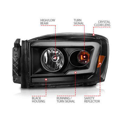 Anzo 06-09 Dodge RAM 1500/2500/3500 Headlights Black Housing/Clear Lens (w/Switchback Light Bars) 111526