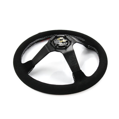 Blessed Universal 350mm 3" Deep Dish 6-Bolt Steering Wheel Red Suede Alcantara