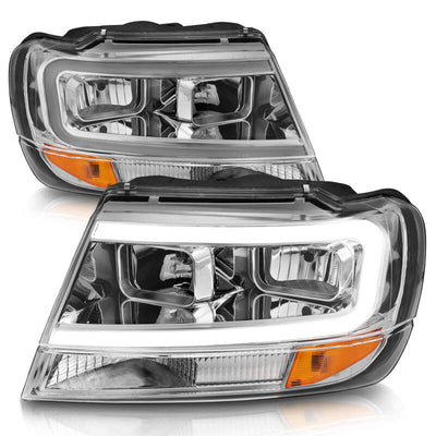 ANZO 1999-2004 Jeep Grand Cherokee Crystal Headlights w/ Light Bar Chrome Housing 111538