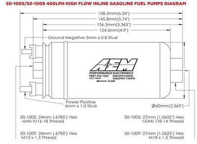 AEM Electronics 400lph Inline High Flow Fuel Pump. 400lph@40psi, 300LPH@120psi. M18x1
