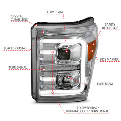 ANZO 11-16 Ford F-250/F-350/F-450 Projector Headlights w/ Plank Style Switchback Chrome w/Amber 111407