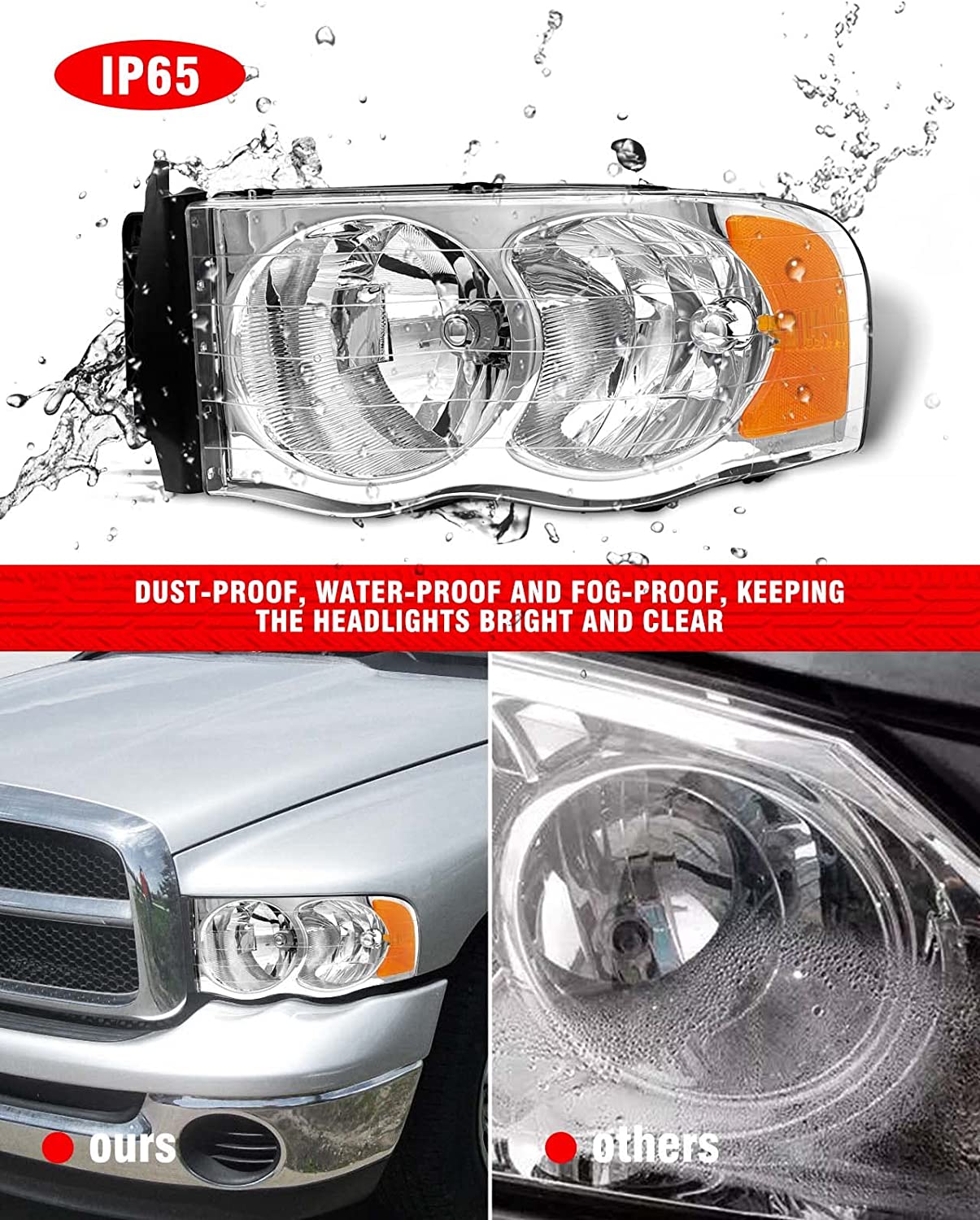Adcarlights 20022005 Dodge Ram Headlight Assembly For 1500 2500 3500 20032005 Clear Chrome Lens With Amber Reflector Replacement Left Right