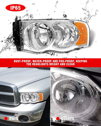 Adcarlights 20022005 Dodge Ram Headlight Assembly For 1500 2500 3500 20032005 Clear Chrome Lens With Amber Reflector Replacement Left Right