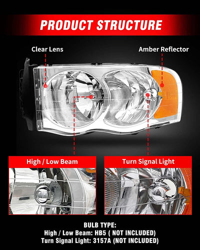 2002-2005 Dodge Ram Headlight Assembly For 1500 2500 3500 20032005 Clear Chrome Lens With Amber Reflector Replacement Left Right