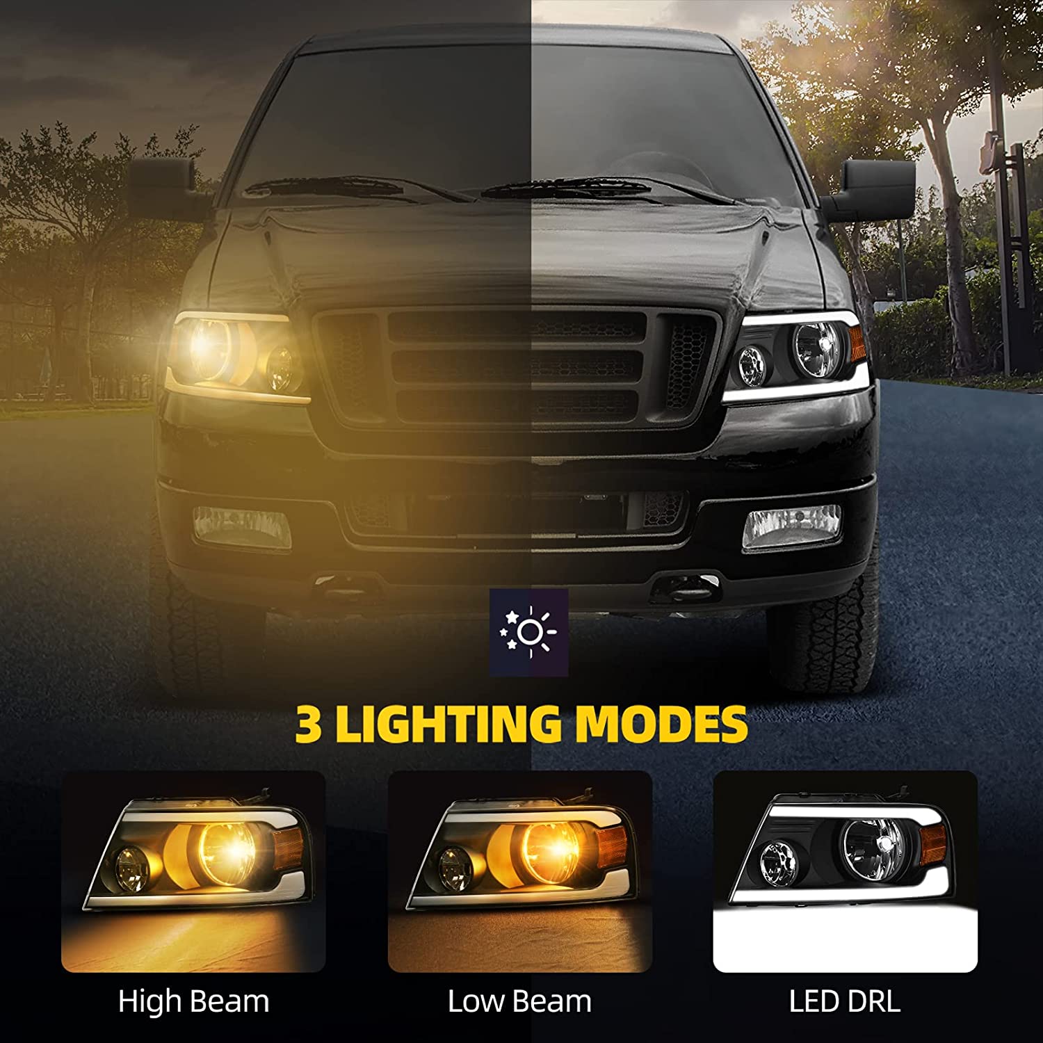 2004-2008 Ford F150 Switchback Turn Signal Headlights With Black Housing