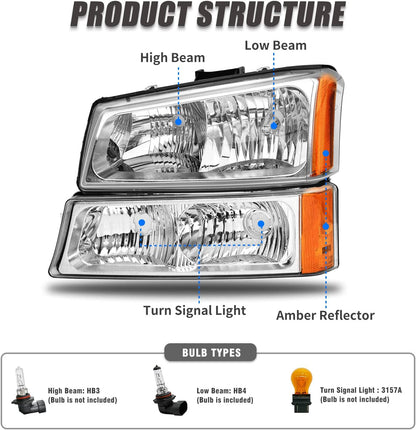 Adcarlights 20032006 Silverado Headlight Assembly For Chevy Avalanche 150025003500 Clear Chrome Lens With Amber Reflector Replacement Left And Right