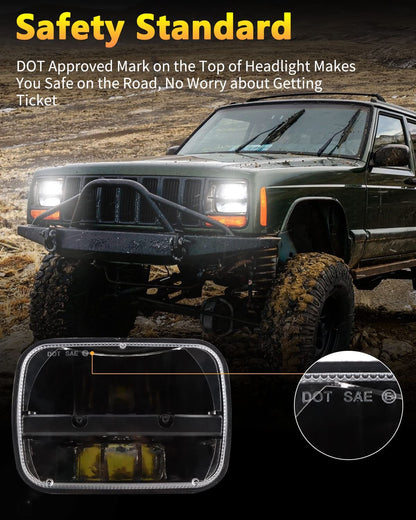 1 Pair 105W 5x7" / 6x7" Rectangular Headlights Compatible with 1997-2010 Jeep Wrangler YJ Cherokee XJ Kenworth T300 Replacement H6054 H6054LL 69822 6052 6053 (2PCS)