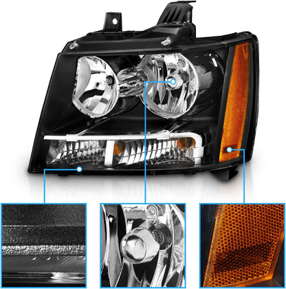 Amerilite Black Replacement Headlights For Chevy Tahoe Suburban Avalanche Pair Driver And Passenger Side Housing