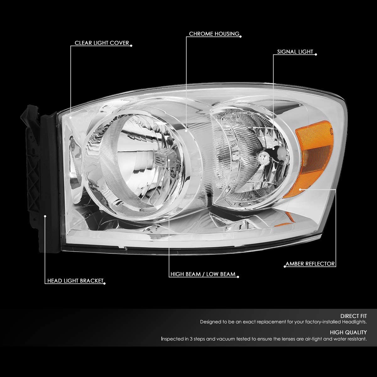 Auto Dynasty Factory Style Headlights Compatible With 0609 Dodge Ram 1500 2500 3500 Driver And Passenger Side Clear Lens Chrome Housing