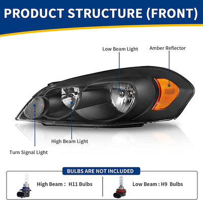 Autosaver88 Headlight Assembly Compatible With 20062013 Chevy Impala 06 07 Monte Carlo Replacement Headlamp Black Housing Amber Reflector Clear Lens A Oe