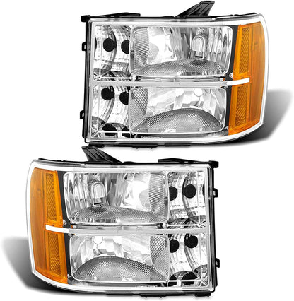 Adcarlights 20072014 Sierra Headlight Assembly Compatible With Gmc 1500 0714 2500hd 3500hd Chrome Housing Amber Reflector Replacement Left And Right