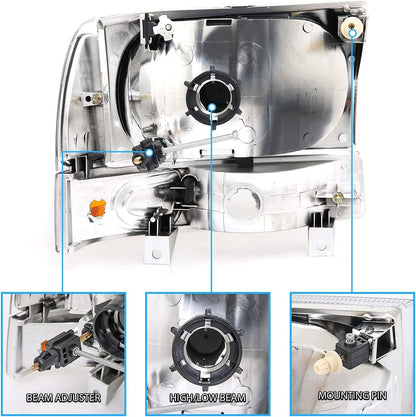 Amerilite For Ford Super Duty F250 F350 F450 F550 Excursion Chrome Factory Style Replacement Headlights Wbumper Corner Set Passenger And Driver Side