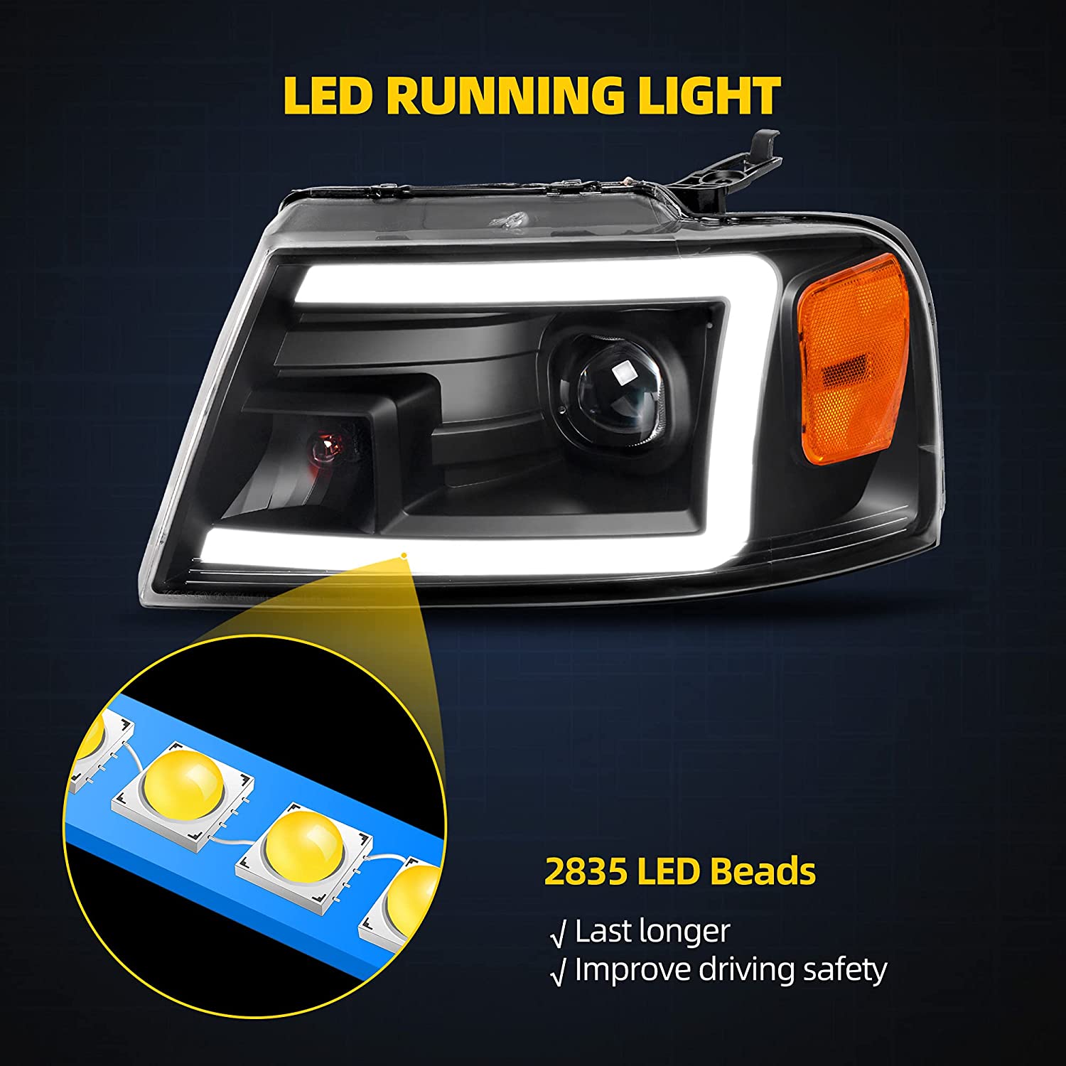 2004-2008 Ford F150 Black Housing With LED Drl