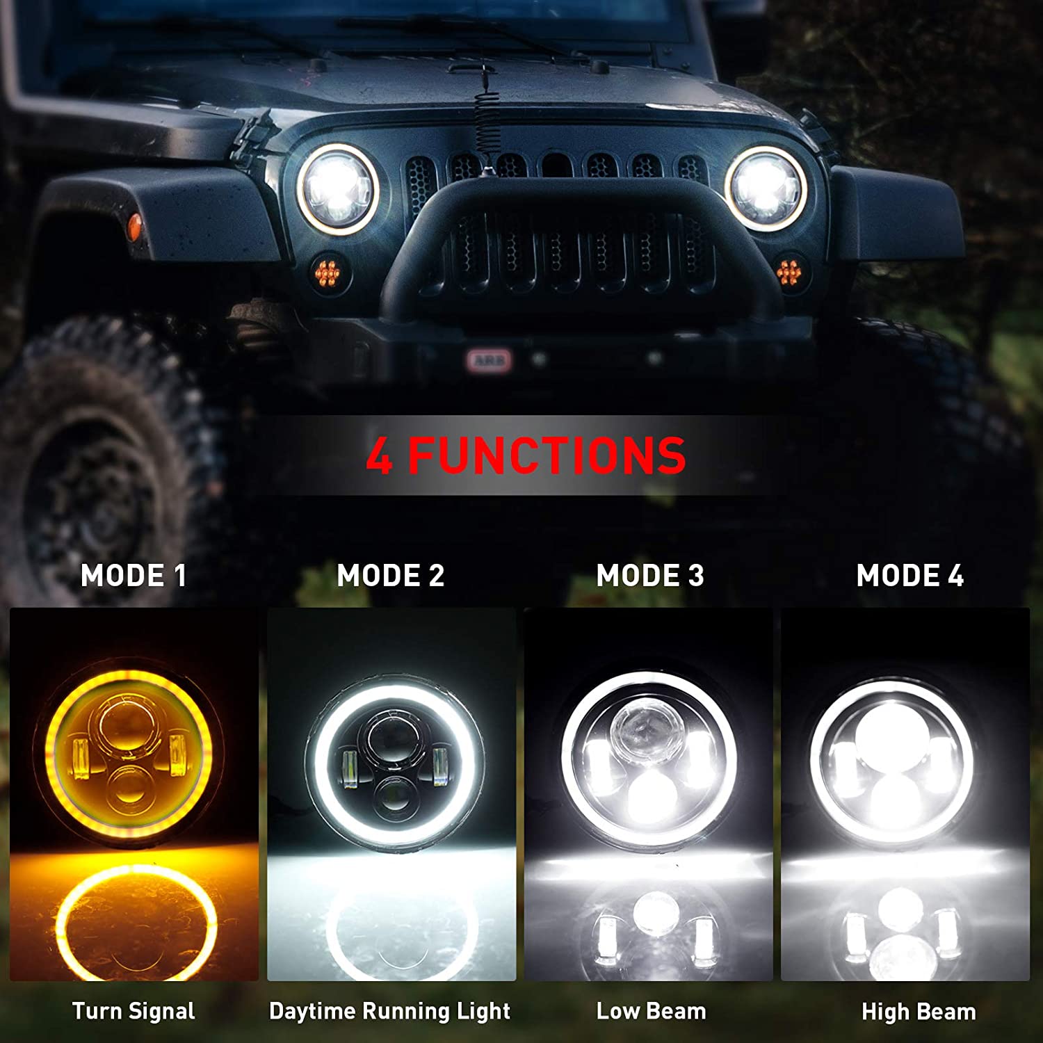 7 Inch H6024 Round LED Headlights Black High Low Sealed Beam H4h13 Adapter Compatible With Jeep Wrangler Jk Tj Lj Cj Hummber H1 H2 Pair