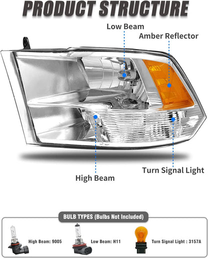 ADCARLIGHTS For 2009-2018 Dodge Ram Headlight Assembly Compatible with Ram 1500 / Ram 2500 3500 / 2010-2018 / Ram 2500 3500 / 2019-2021 Ram 1500 Classic, Chrome Housing Amber Reflector Replacement