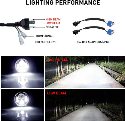 7 Inch H6024 Round LED Headlights Black High Low Sealed Beam H4h13 Adapter Compatible With Jeep Wrangler Jk Tj Lj Cj Hummber H1 H2 Pair