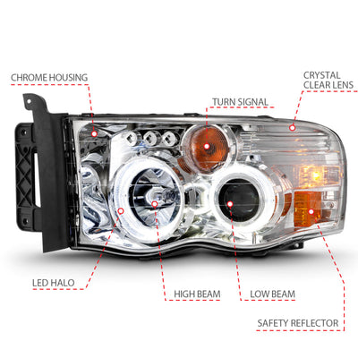 ANZO 2002-2005 Dodge Ram 1500 Projector Headlights w/ Halo Chrome Clear Amber 111491