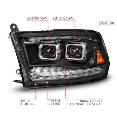ANZO 09-18 Dodge Ram 1500/2500/3500 Full LED Proj Headlights w/Switchback Light Bar - Black 111595