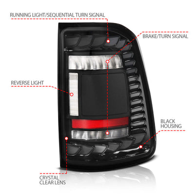 ANZO 19-24 RAM 1500 (Factory Halogen Models) Full LED Tail Lights SeqSig Black - Pair 311480A