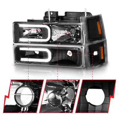 ANZO 88-98 Chevrolet C1500 Crystal Headlights w/ Light Bar Black Housing w/ Signal Side Markers 8Pcs 111528