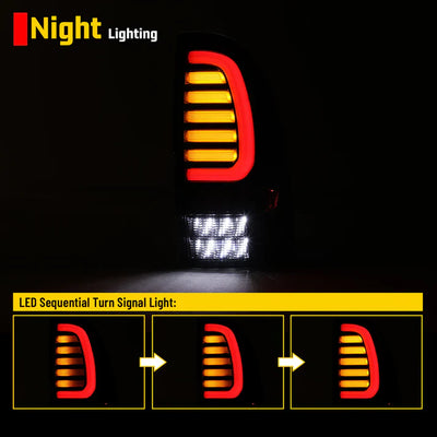 Winjet 2005-2015 Toyota Tacoma LED Sequential Tail Light w/Yellow Turn Signal - Glossy Black / Clear