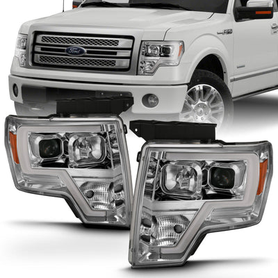 ANZO 2009-2014 Ford F-150 Projector Headlight Plank Style Chrome Amber 111444