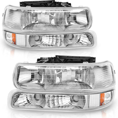 Autosaver88 Headlight Assembly Compatible With 9902 Chevy Silverado 1500 25000102 1500hd 2500hd 35000006 Tahoe Suburban 2500 Headlamp Bumper Lights Chrome Housing Amber Reflector
