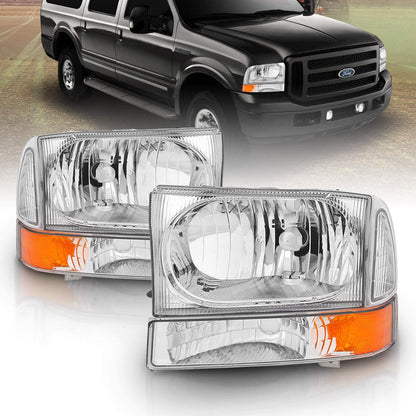Amerilite For Ford Super Duty F250 F350 F450 F550 Excursion Chrome Factory Style Replacement Headlights Wbumper Corner Set Passenger And Driver Side