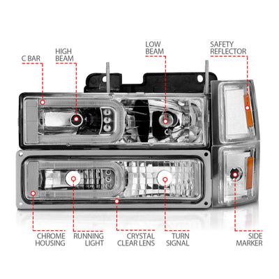 ANZO 88-98 Chevrolet C1500 Crystal Headlights w/Light Bar Chrome Housing w/ Signal Side Markers 8Pcs 111529