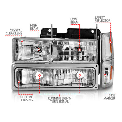 ANZO 88-98 Chevrolet C1500 Crystal Headlights Chrome w/ Signal and Side Marker Lights 111506