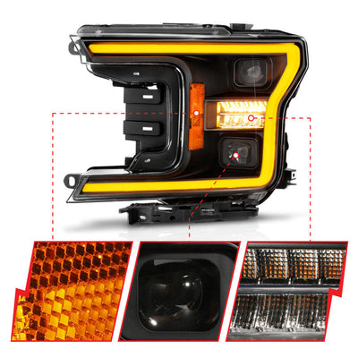 ANZO 18-20 Ford F-150 (w/o Fctry LED) Full LED Proj Headlights w/Light Bar Swtchbk Seq. Black w/Init 111570