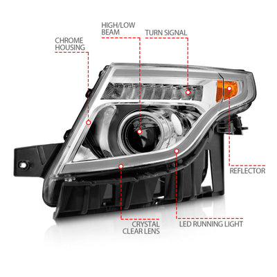 ANZO 11-15 Ford Explorer Projector Headlights w/ Light Bar Chrome Housing w/ Amber light 111576