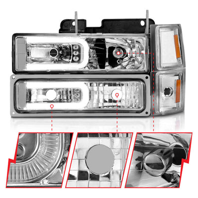 ANZO 88-98 Chevrolet C1500 Crystal Headlights w/Light Bar Chrome Housing w/ Signal Side Markers 8Pcs 111529